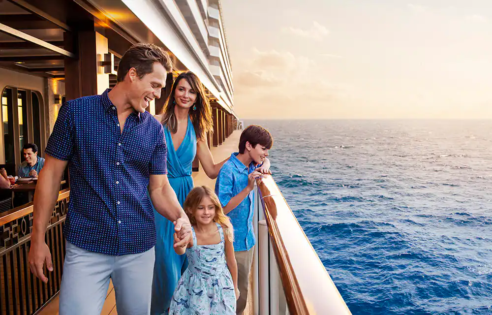 The Waterfront promenade on a Norwegian Cruise Line ship at sunset