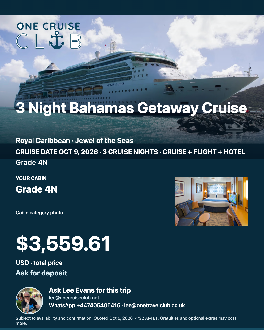 Branded cruise offer with the One Cruise Club logo, Jewel of the Seas, a cabin photo, recorded price, deposit note and advisor profile.